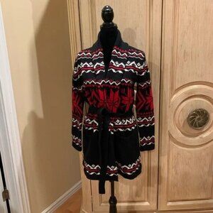 Polo Ralph Lauren Cotton Cashmere Shawl Cardigan, Black Red Snowflake, Size M